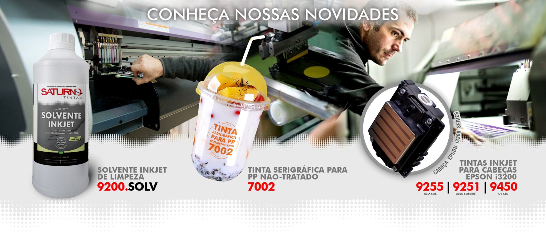 Saturno Tintas Tinta Inkjet para impressão digital em cabeças micropiezo Epson i3200 e DX. Tinta para PP polipropileno não-tratado e solvente inkjet para limpeza diária de impressoras